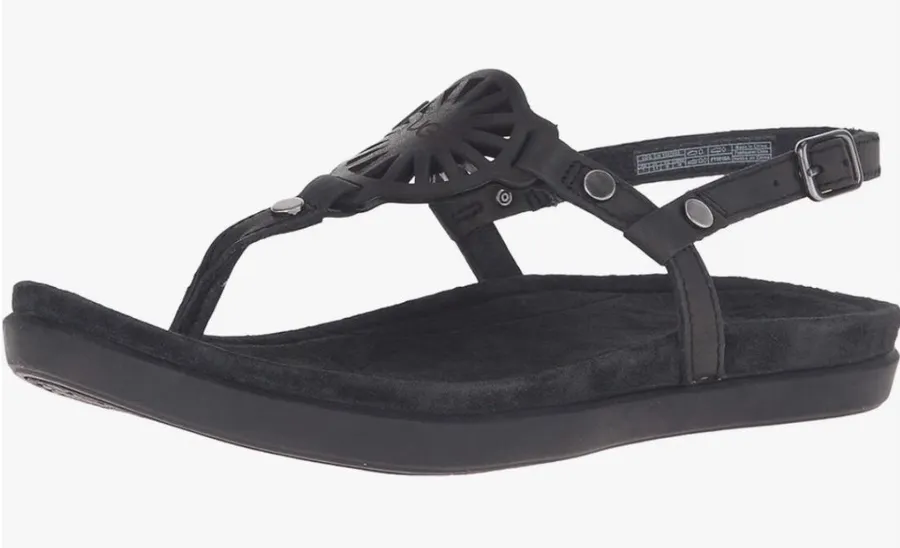 UGG Ayden Thong Sandals 7 Black Suede Leather Medallion Slingback Boho Summer