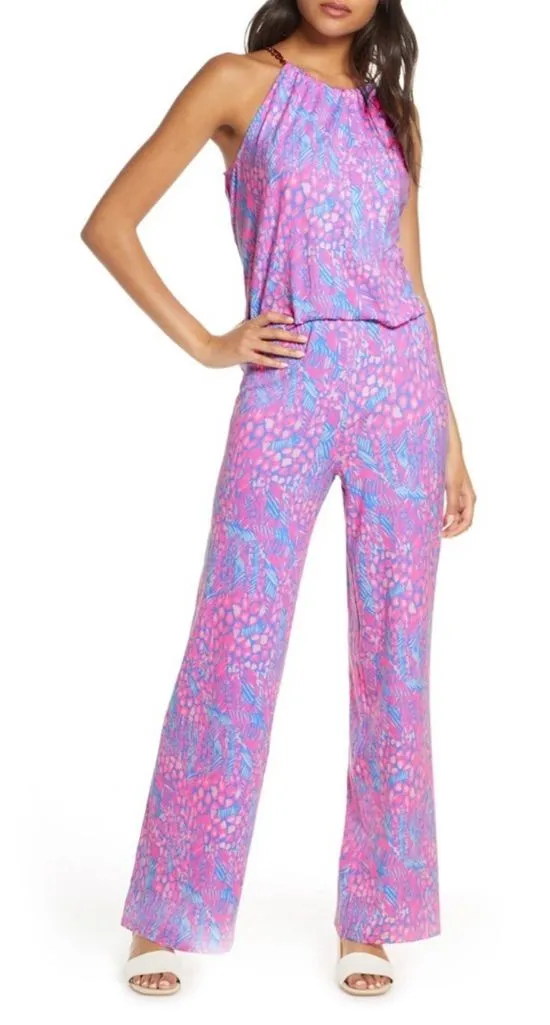 Lilly Pulitzer Bowen Jumpsuit in Pink Sorbet High Altitude print Large