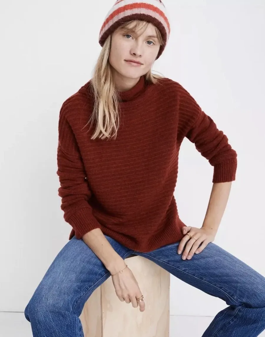 Madewell Ribbed Funnel Neck Pullover Sweater Brick Red Knit XS Cozy Casual