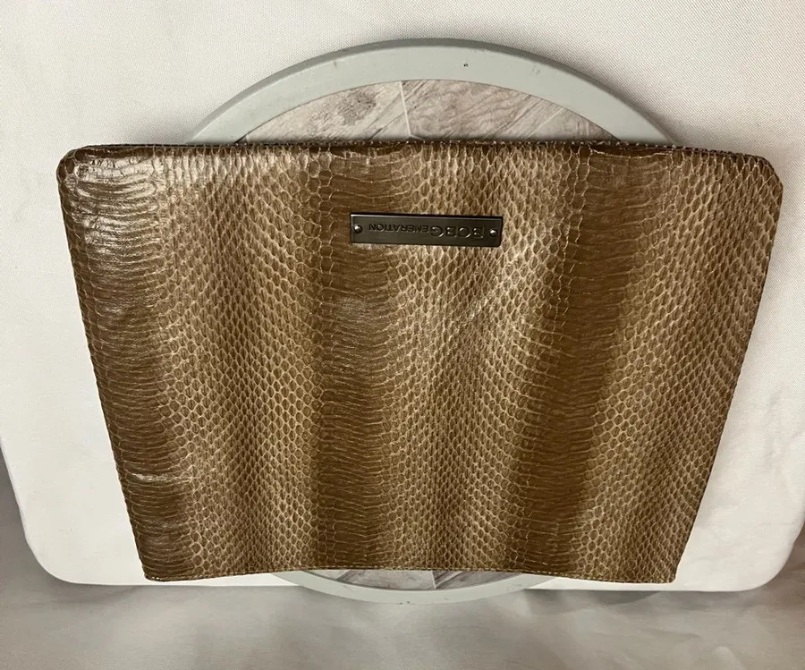 BCBGeneration Snakeskin Embossed Clutch Bag Brown Taupe Zip Top