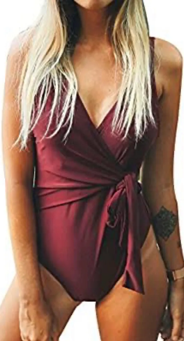 Burgundy Side Tie Plunge Neckline One Piece Swimsuit