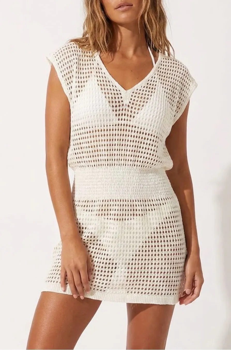 Cream Crochet Open Knit Swim Cover Up Dress Smocked Waist One Size V
