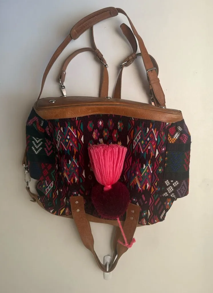Nena & Co Convertible Leather & Colorful Woven Pattern One of a Kind Day Bag Black
