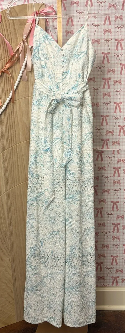 Alice + Olivia Shanti Blue & White Floral Toile Eyelet Wide Leg Jumpsuit XS 0/2