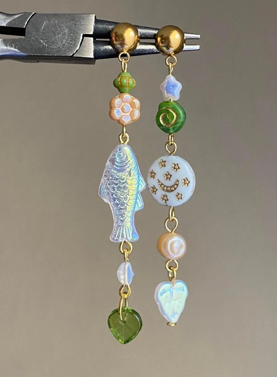 Handmade quality Czech glass beads mix asymmetric unique dangle earrings💚⭐️🐟💕🌙