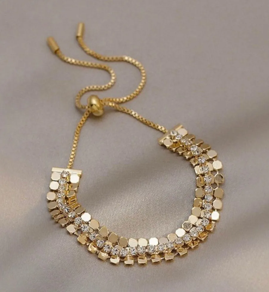 18K Gold Plated Adjustable Crystal Metal Sequin Charm Bracelet for Women