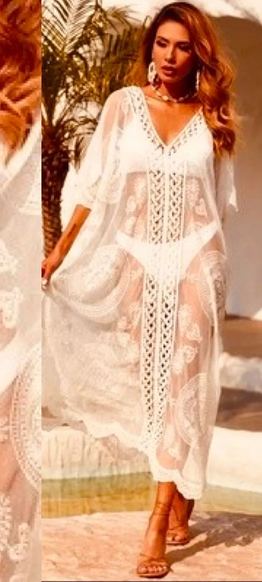 Liv Los Angeles BOHO ivory off white Lace Crochet Maxi Kaftan Dress Cover