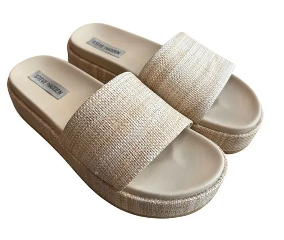 Steve Madden Women’s 9 Kasper Woven Textured Platform Slide Sandals Beige Tan