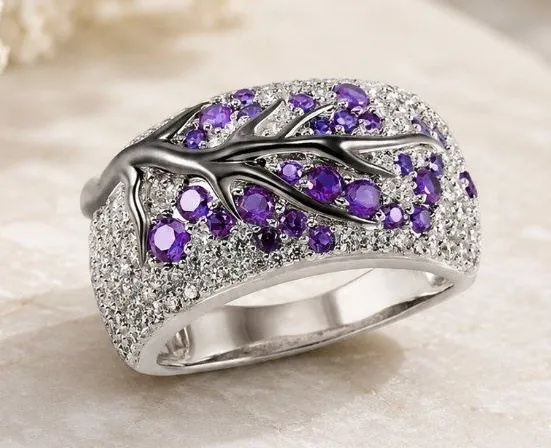 Sterling Silver Tree Branch Purple Clear CZ Statement Ring 925 SZ 9 NWT