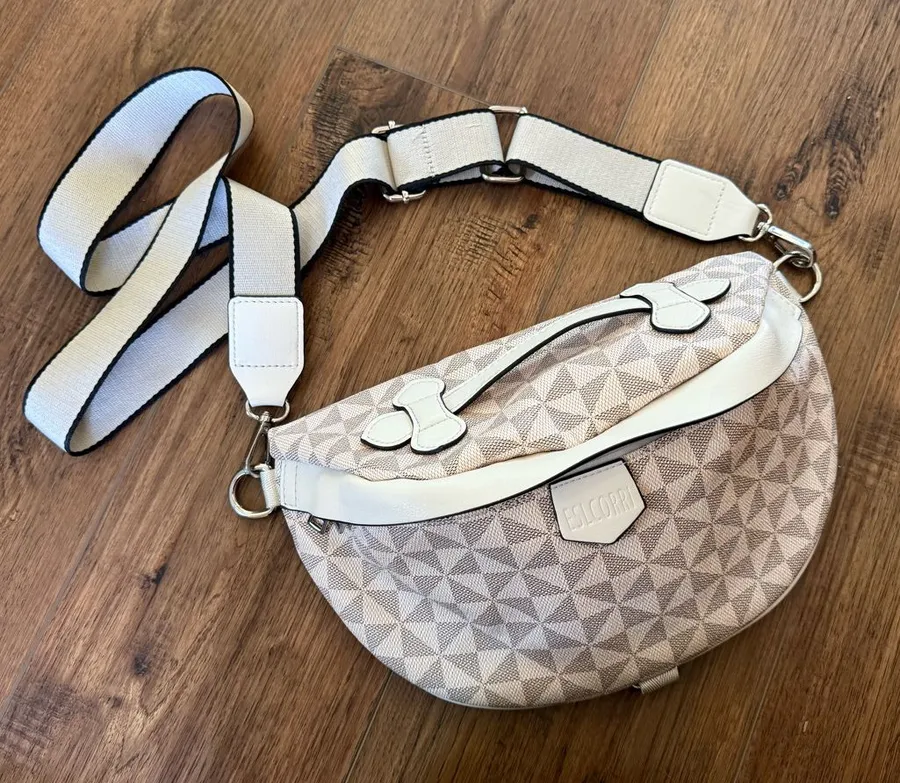 White Geometric Pattern Crossbody Bag with Adjustable Strap