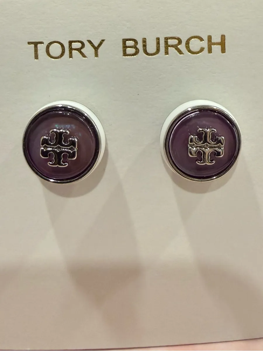 Tory Burch | Silver Tone & Purple Enamel Icon Logo Button Earrings | X-Small