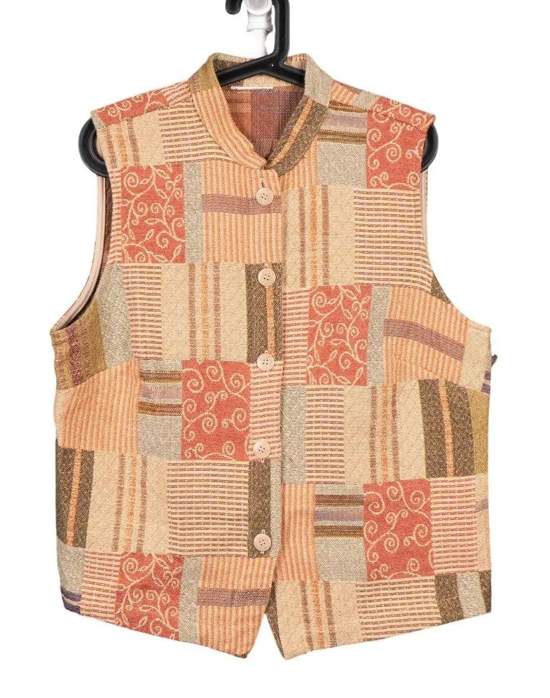 Patchwork Woven Vest L VTG 90s Buttons Mandarin Collar Orange Green Earthy