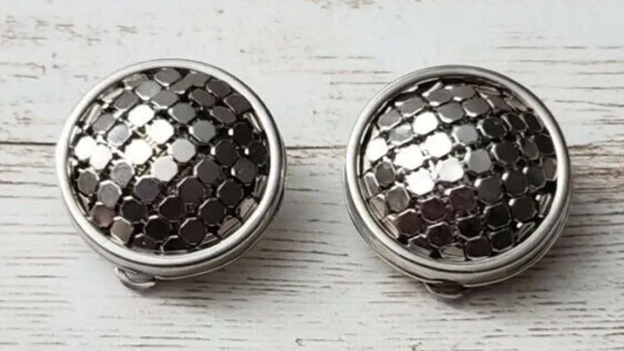 Vintage Clip On Earrings Chainmail Style Circle Silver Tone