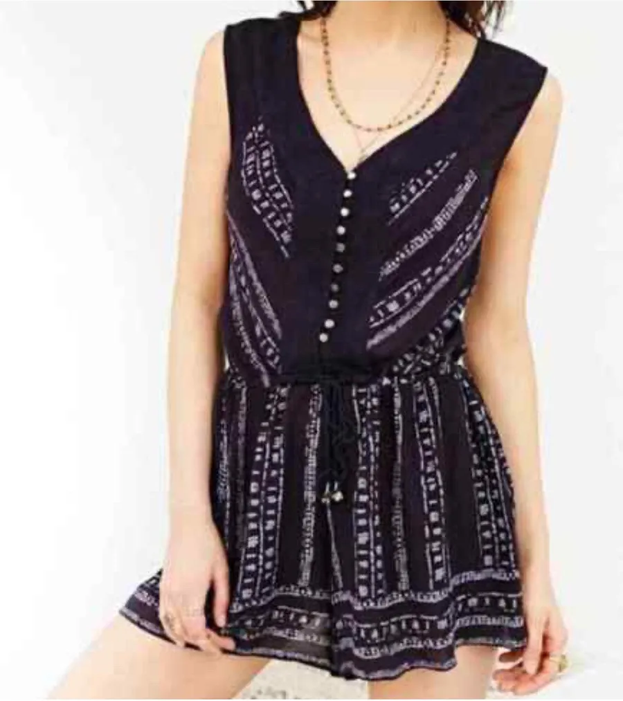 ECOTE Romper Tribal Print Sleeveless Lightweight Tie Waist Navy Size Medium Blue