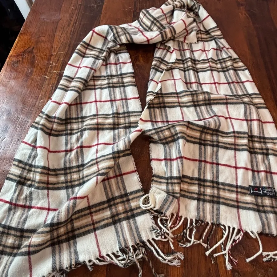 V. Fraas Cashmink Plaid Scarf Cream Tan Red Black Made in Germany Unisex 64x12