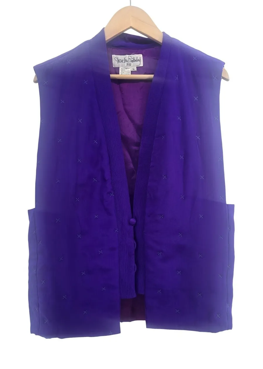 Diane Von Furstenberg Silk Vest Womens L Vintage Embroidered Purple Padded EUC