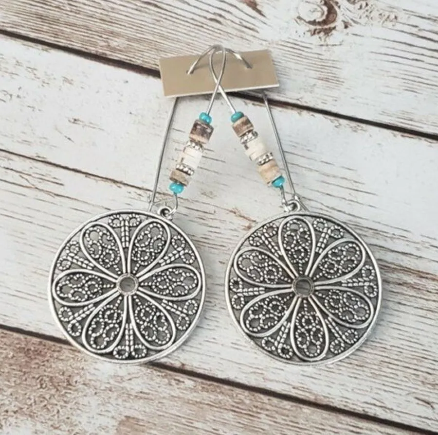 Large Ornate Circle Beaded Boho Dangle Earrings Silver Tone