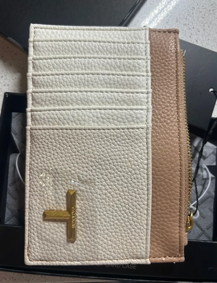 Tahari Cream and Tan Zip Card Case with Gold Accent