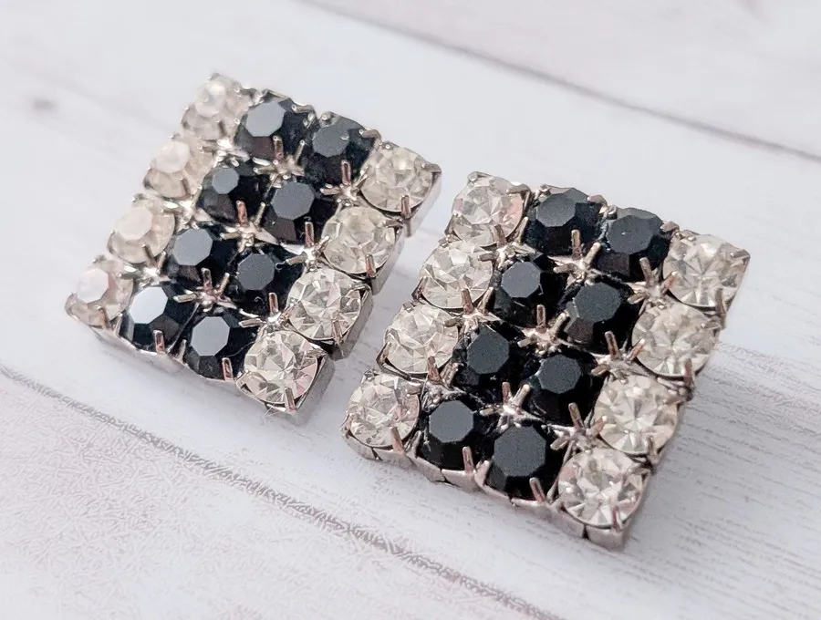 Vintage Clip On Earrings Very Large Statement Hollywood Glam Black & Clear Gems