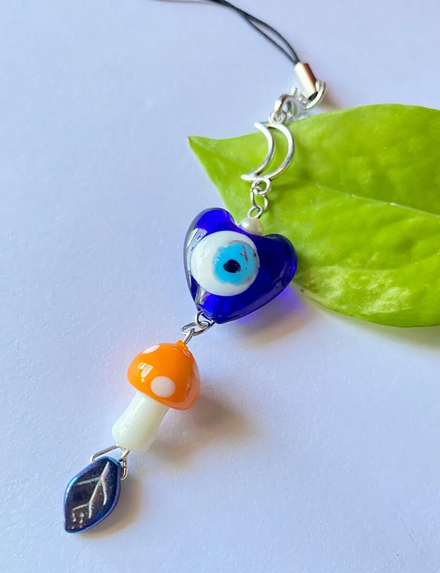 hippie boho fairy Evil Eye & mushroom phone strap/bag charm/keychain/display🍄🌙👁🍃🌀