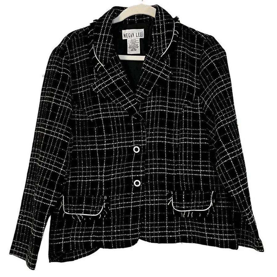 Megan Lee Women’s Black White Plaid Blazer Jacket 14 P Size 14P