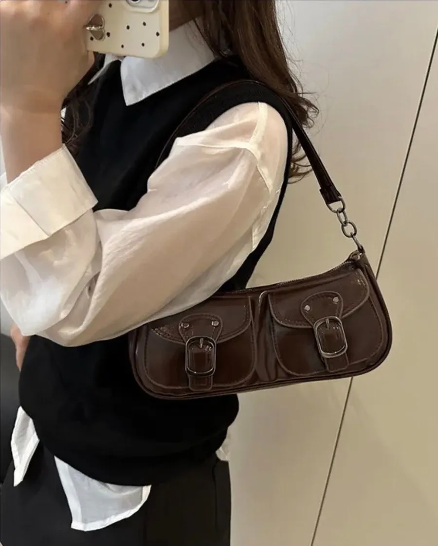 Classic Double-Pocket Shoulder Bag in Dark Brown