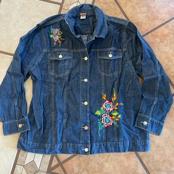 Blue Oversized Jean Jacket with Floral Embroidery Size XL