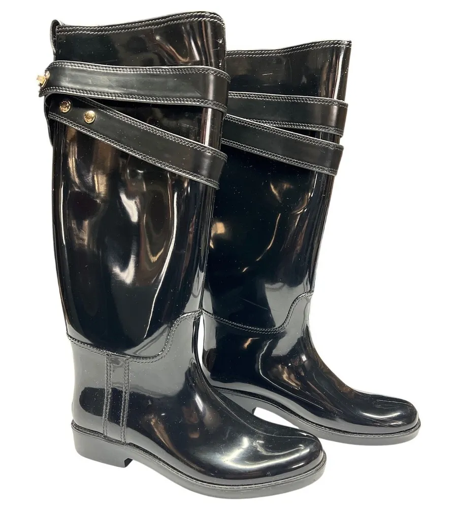 Coach Talia Black Rain Boots Women's Size 7 Waterproof Pull On VGUC
