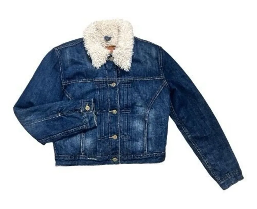 Levi’s Blue Denim Short Jacket Sherpa Lining Women Size M Cotton Button Front