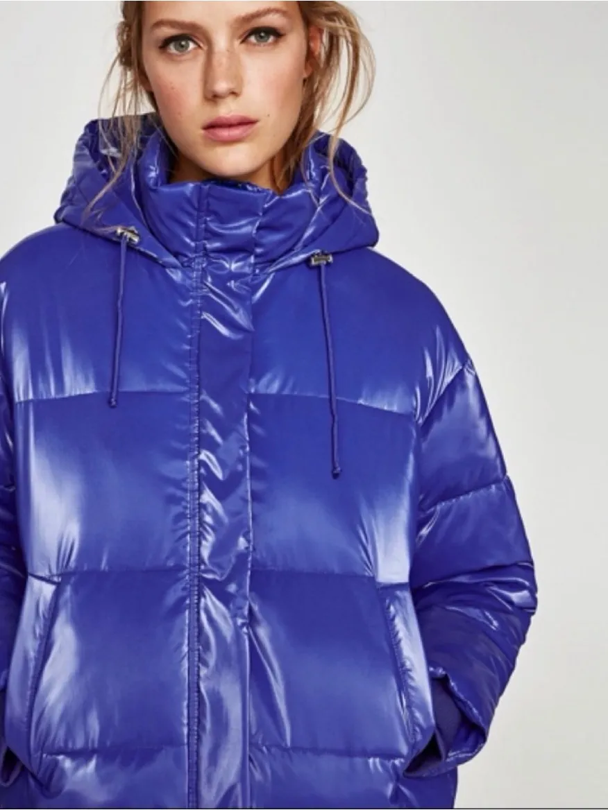 ZARA Shiny Electric Blue Puffer Jacket Interior Backpack Straps Womens Size XS