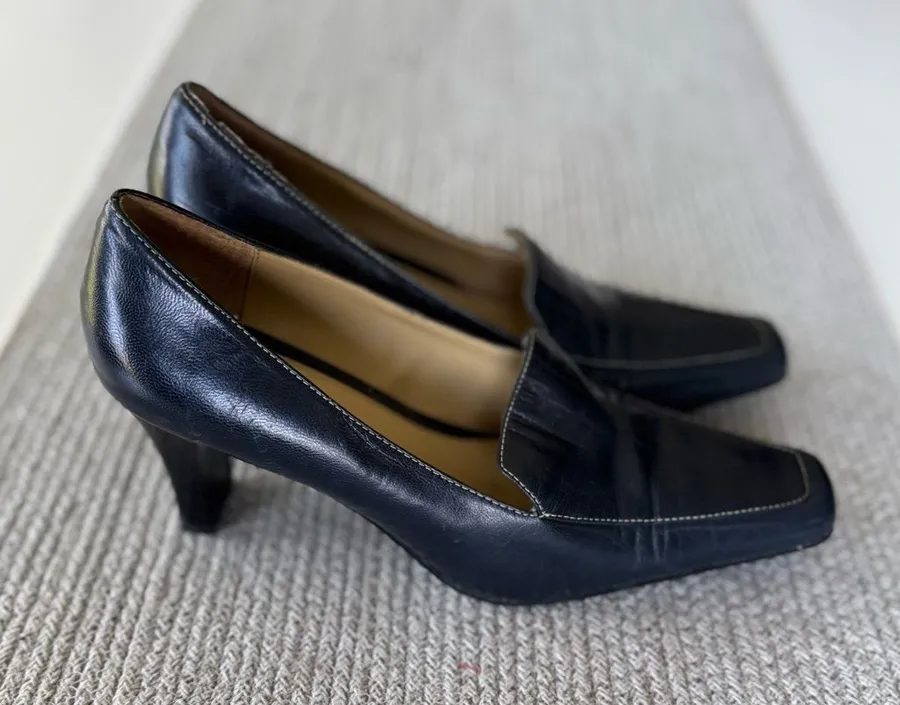 Liz Claiborne Navy Blue Leather Square-Toe Block Heel Loafers Size 8.5