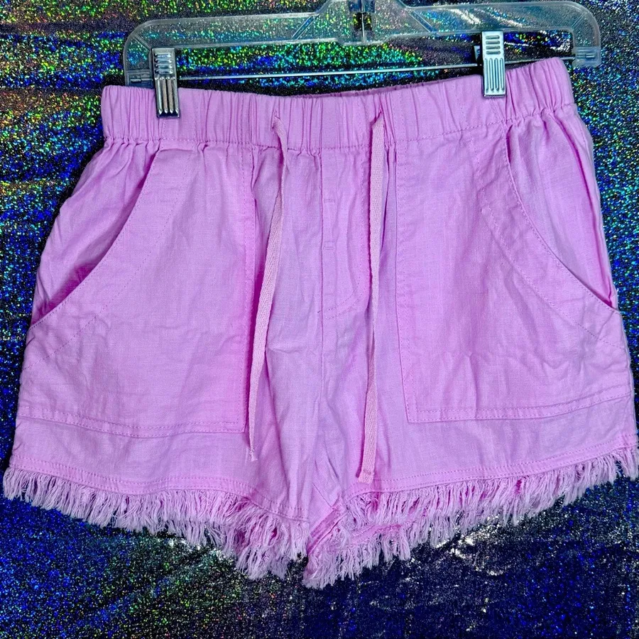 NWOT Pink Tencel Denim Shorts Drawstring Frayed Hem Pockets XS