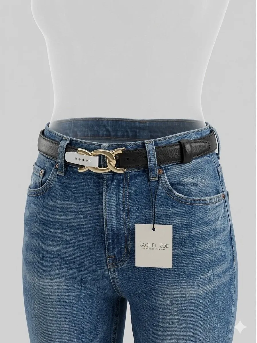 Rachel Zoe Black Leather Belt High Shine Gold Interlocking Chain Link L NWT