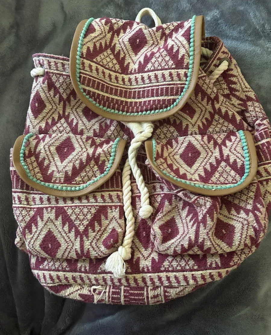 EARTHBOUND Burgundy and Cream Aztec Drawstring Backpack with Teal Trim