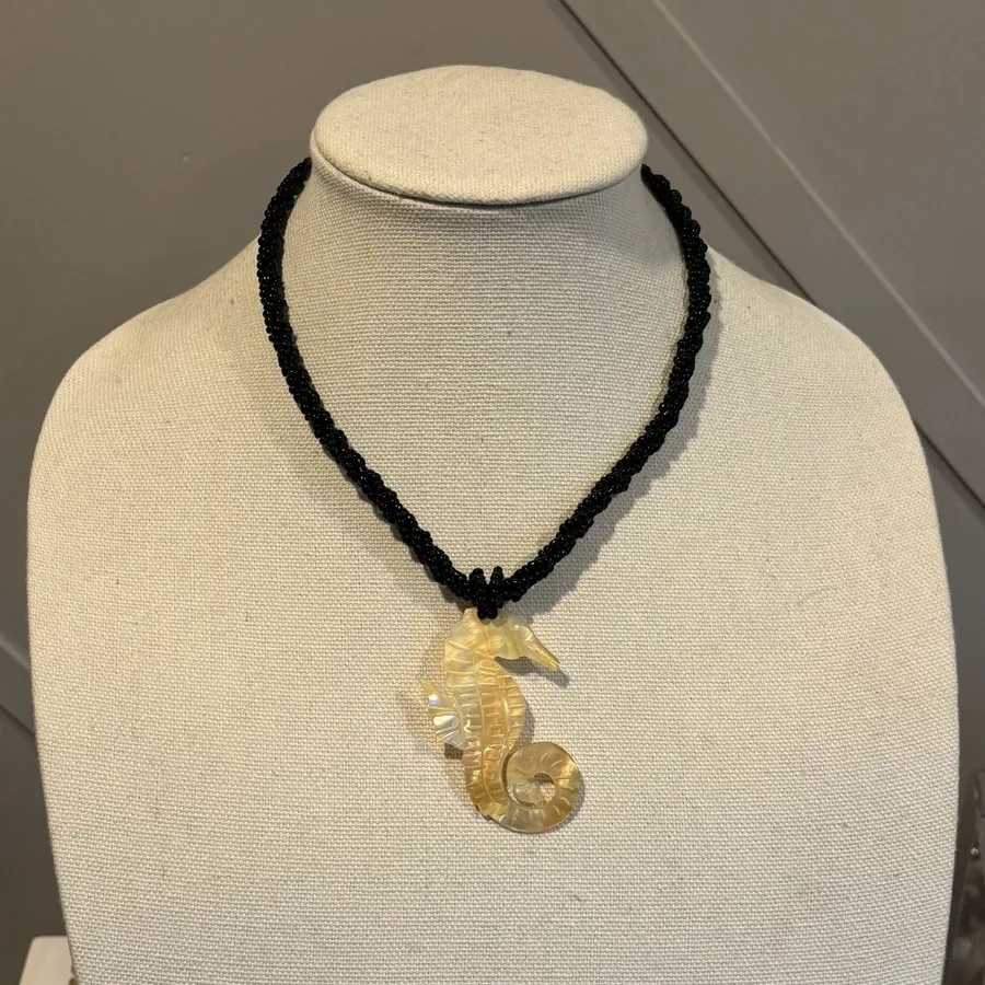 Mother of Pearl Carved Seahorse Pendant Necklace Black Beaded Strand