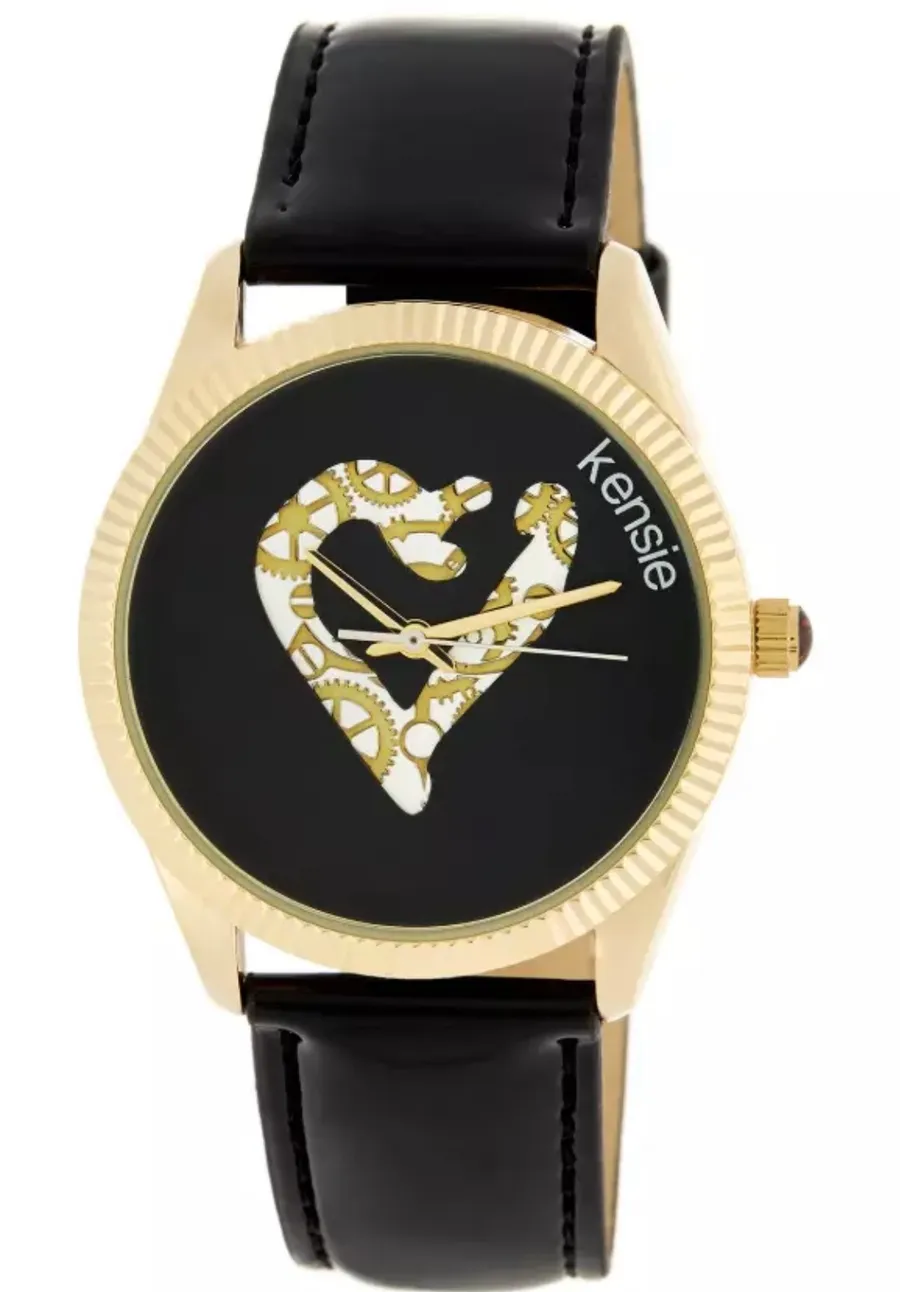 Women's Black Gold Gear Heart Patent Strap Watch