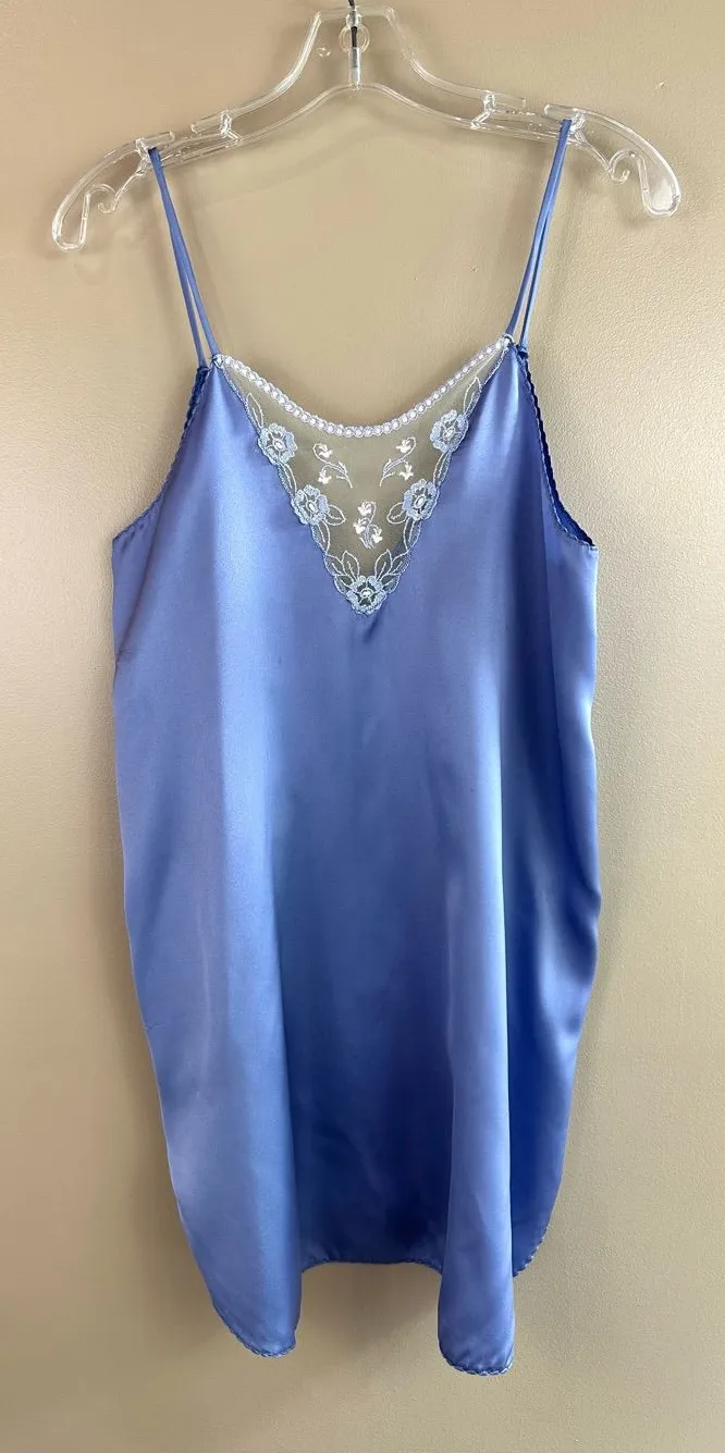 Vtg Cinema Etoile Purple Satin Chemise Slip Dress Floral Embroidered S 80s 90s