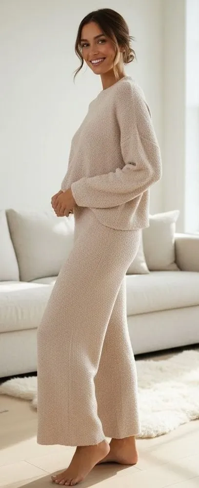 SKIMS Cozy Knit Wide Leg Lounge Pants Beige L XL Fuzzy Cozy Comfortable Winter