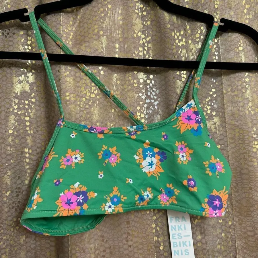 Frankie’s Bikinis Green Floral Oliver One Shoulder Bikini Top Meadow M NWT