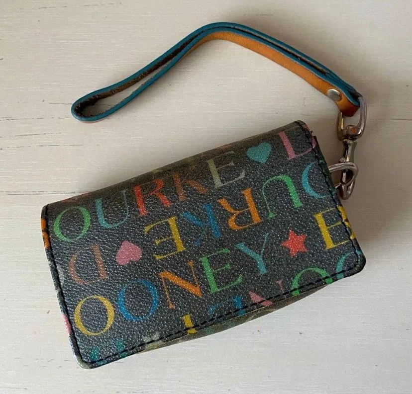Vintage Y2K Dooney and Bourke black leather rainbow monogrammed wristlet