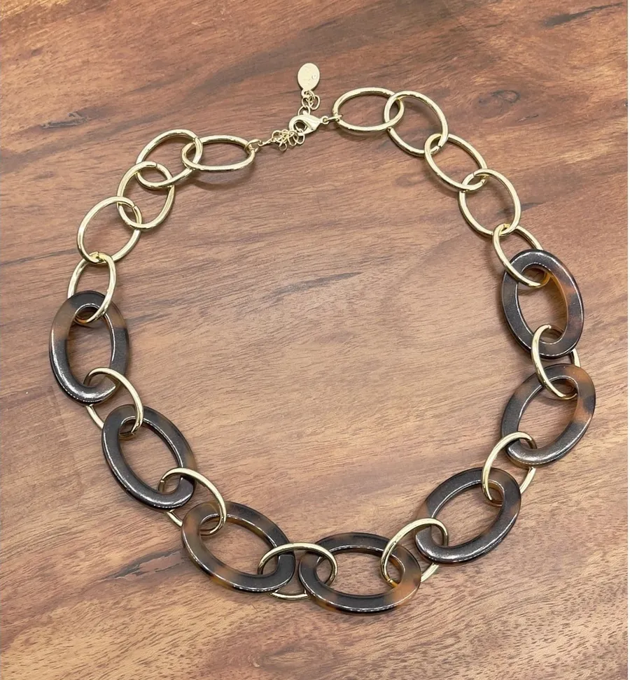 LOFT Necklace Tortoise Shell Gold Tone Oval Link Chain Preppy Chic Mob Wife City
