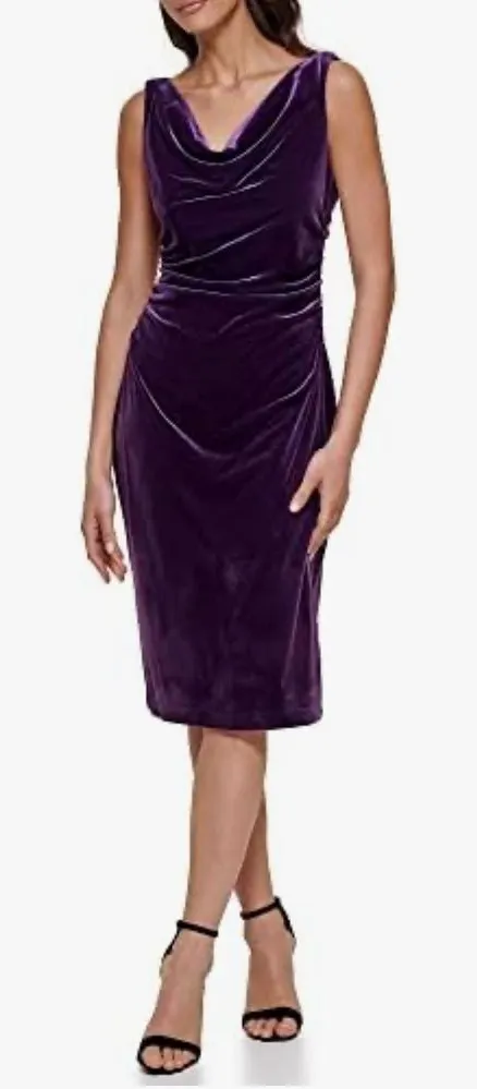 Kensie Purple Velvet Cowl Neck Ruched Sheath Dress Size 12
