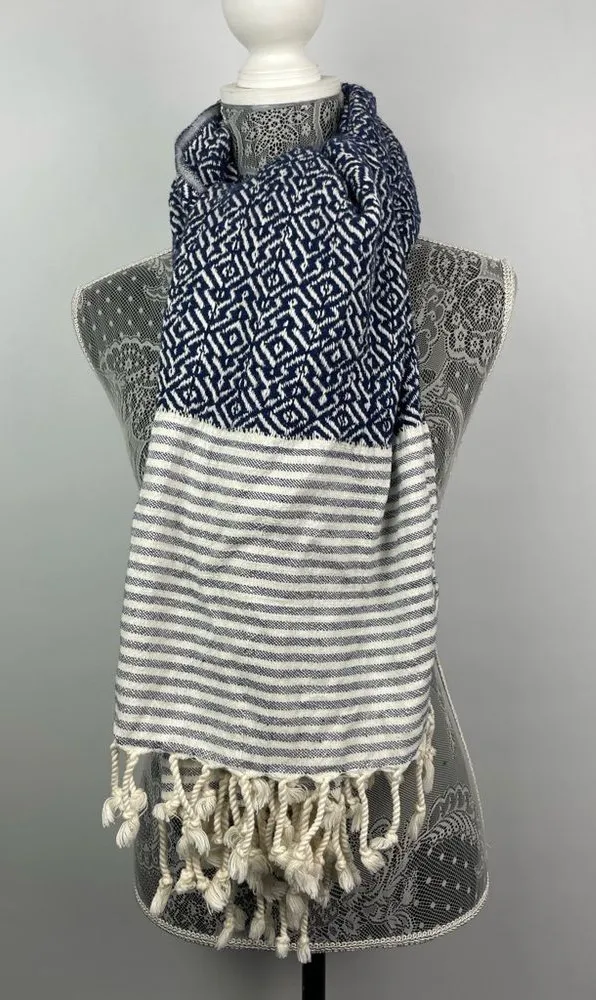 Textured Blue White Striped Rectangular Scarf Beach Throw Blanket Fringe Hem Blue