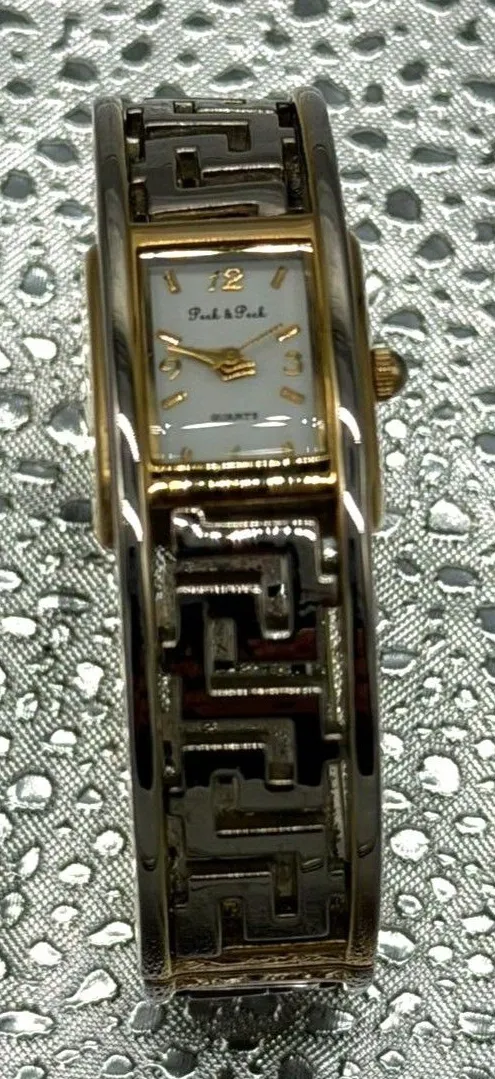 Peck & Peck Women's Cuff Bangle Watch PCP419 Greek Key Two-Tone Quartz Battery