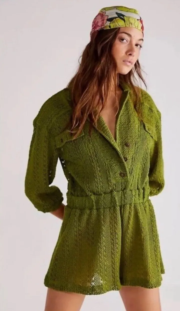 Free People Olive Green Knit Romper with Button Front sz S
