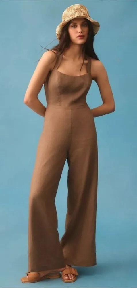 Reformation Autumn Linen Jumpsuit in Mushroom Brown, Wide Leg NEW