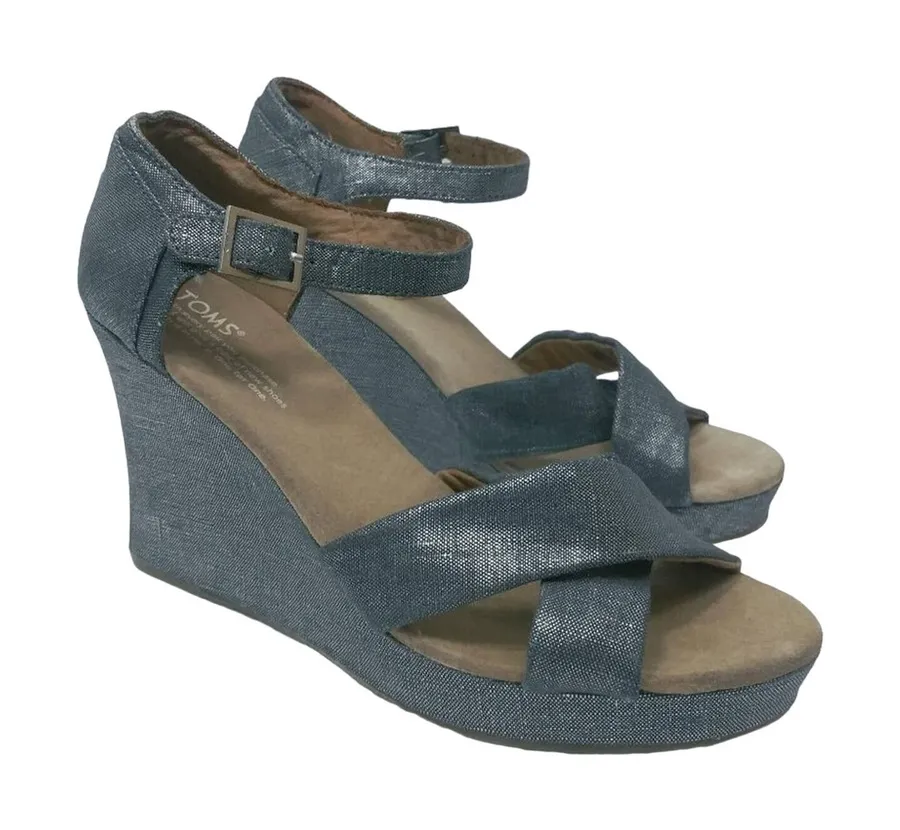 TOMS Sienna Denim Metallic Strappy Wedge Sandal Vacation Size 9.5