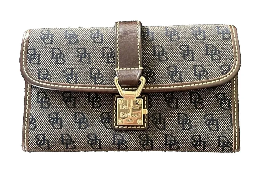 Dooney & Bourke Vintage 1975 Logo Canvas Brown Leather Trim Wallet PISTON LOCK