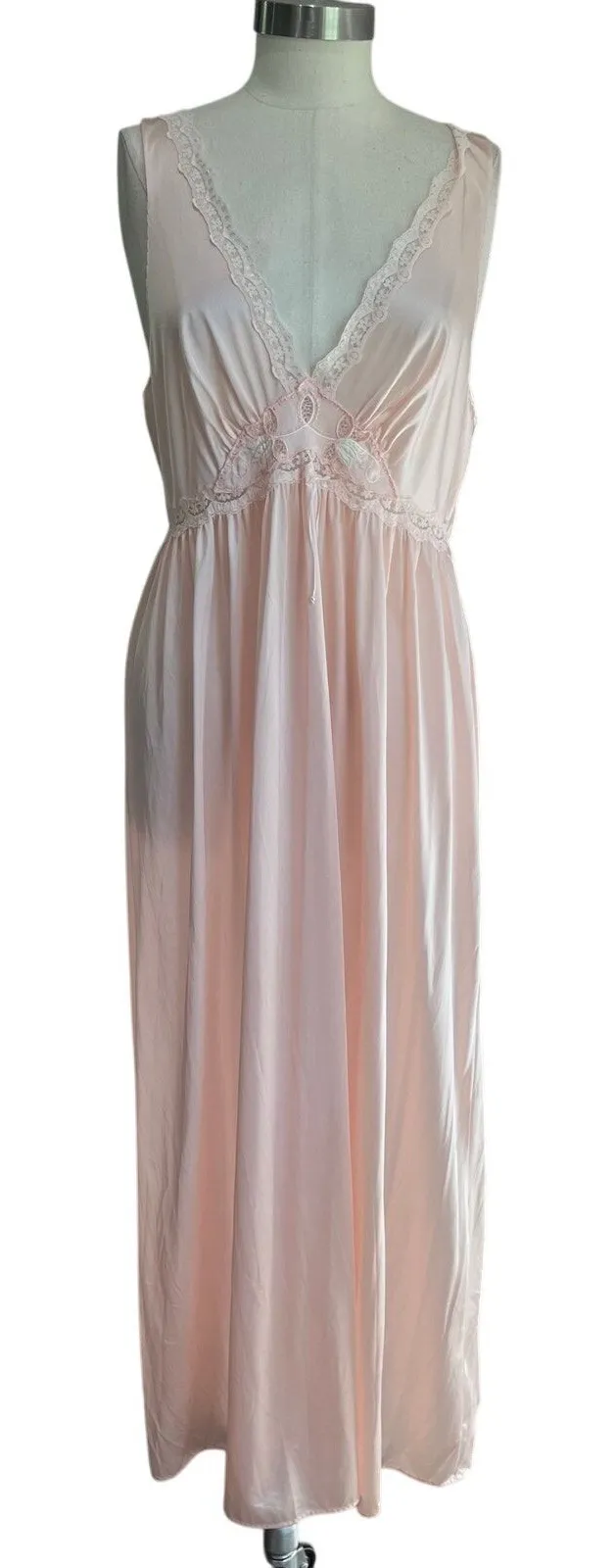 Lorriane 1980s Vintage Pink Nylon Lace Sweep Romantic Slip Nightgown Size L Size L