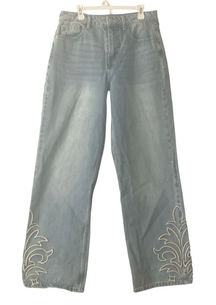 Forever 21 Light Blue Flare Jeans with White Embroidery